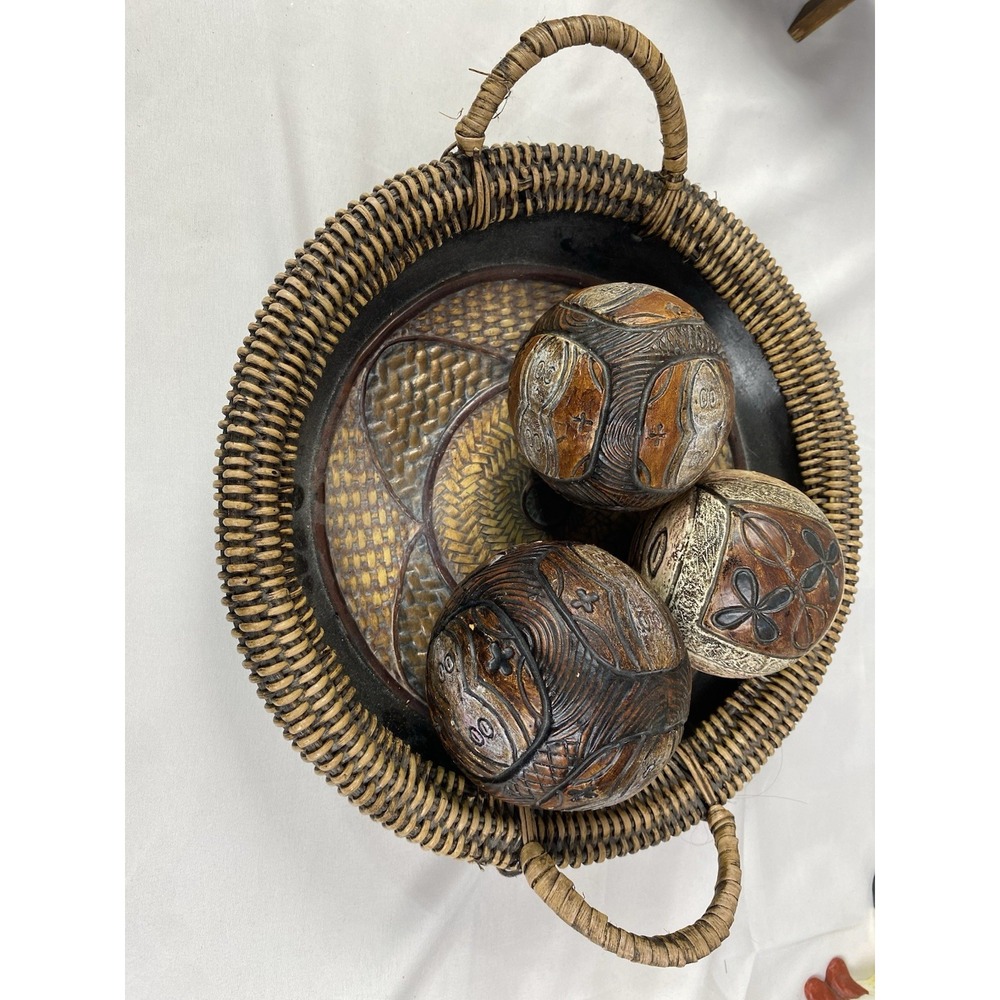 Decorative Resin Carved Look Orbs Set of 3 Woven Rattan Tray Brown Boho Decor